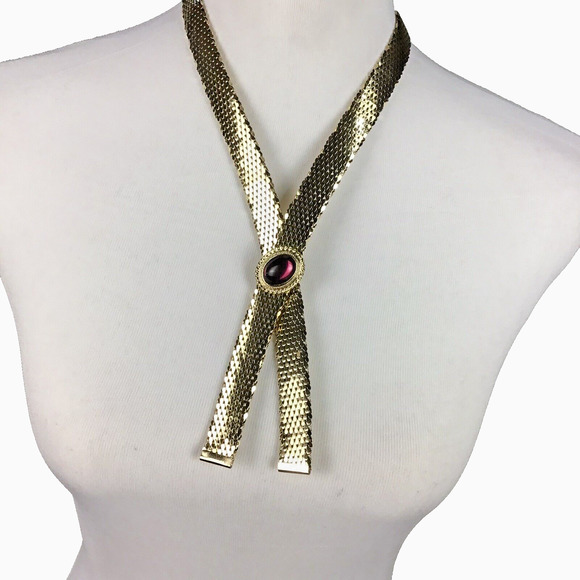 Vintage Goldtone Mesh Collar Necklace Pink Stone Center Snap Fashion Jewelry 28" - Picture 3 of 16